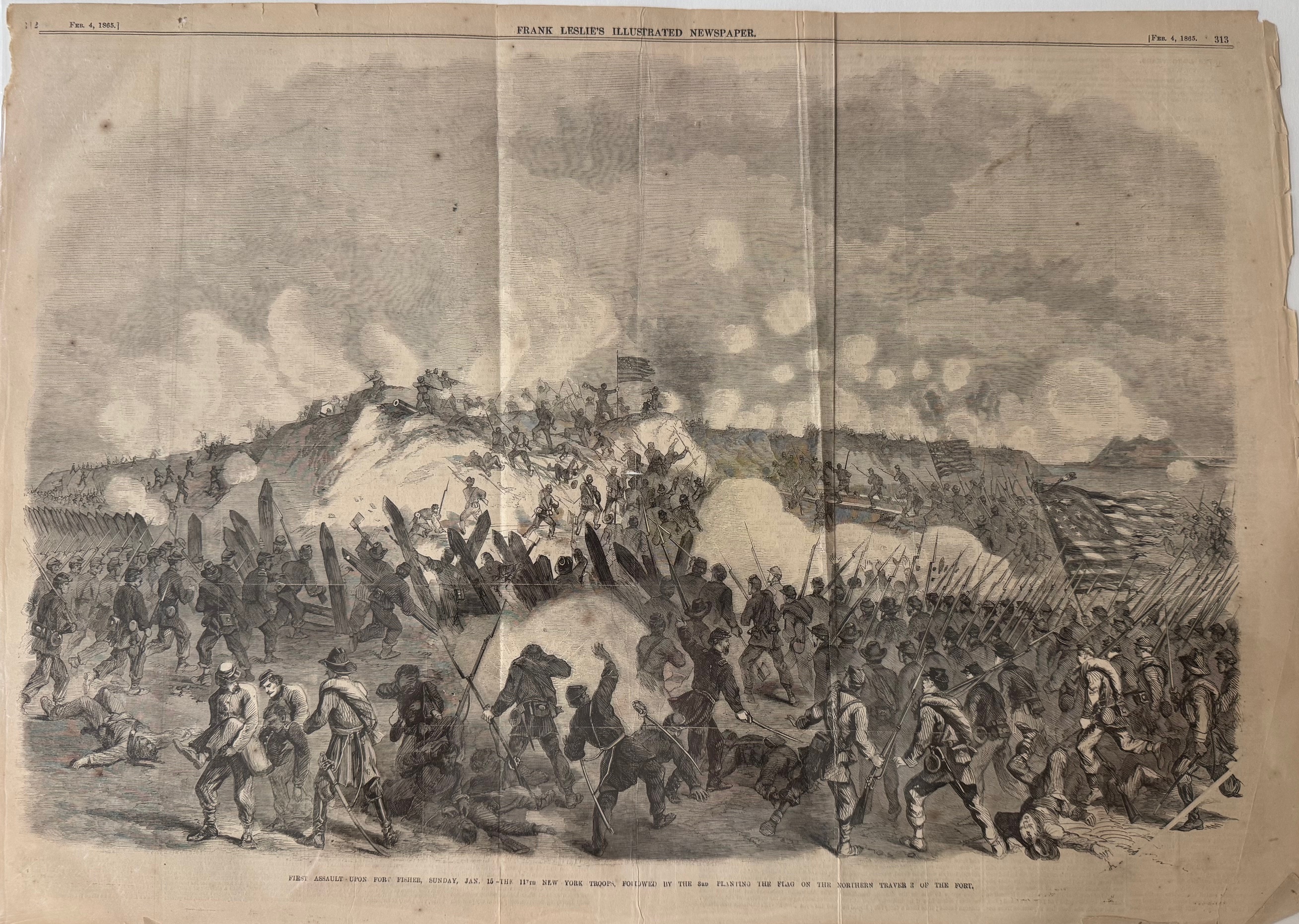 First Assault Upon Fort Fisher, Jan. 15 - The 117th New York Troops, Followed by the 3rd Planting the Flag on the Northern Traverse of the Fort [Trifold 2 Center Pages]