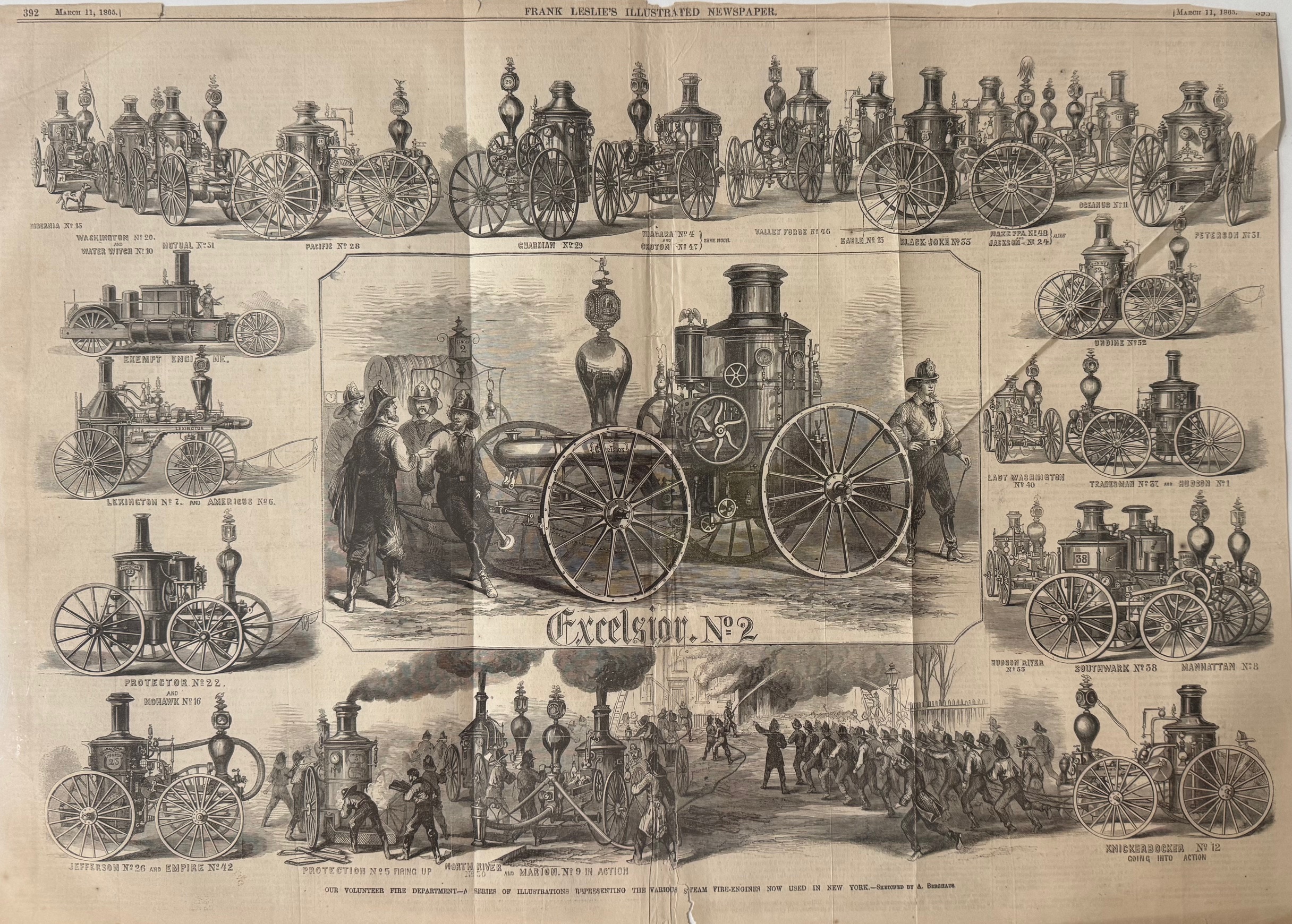 Our Volunteer Fire Department - A Series of Illustrations Representing the Various Steam Fire-Engines Now Used in New York [Trifold 2 Center Pages]