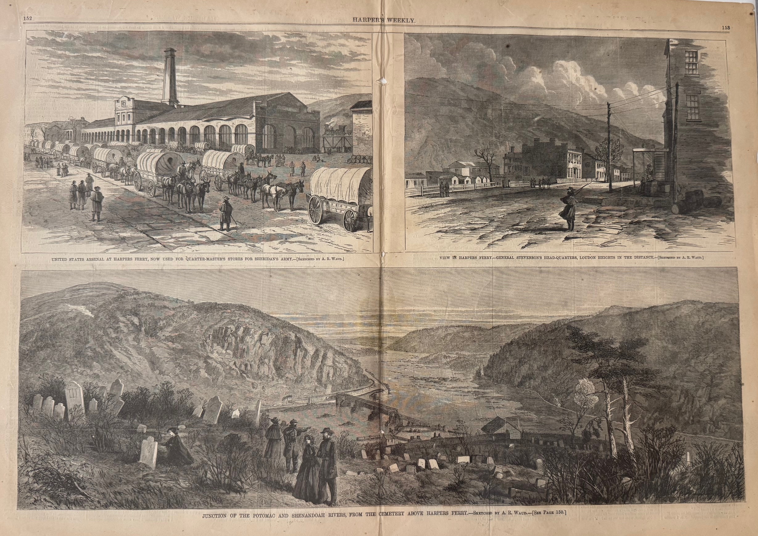 3 Views of Harper's Ferry: United States Arsenal at Harpers Ferry / View in Harpers Ferry - Gen Stevensons Headquarters / Junction of the Potomac and Shenandoah Rivers, from Cemetery [2 Page Spread]