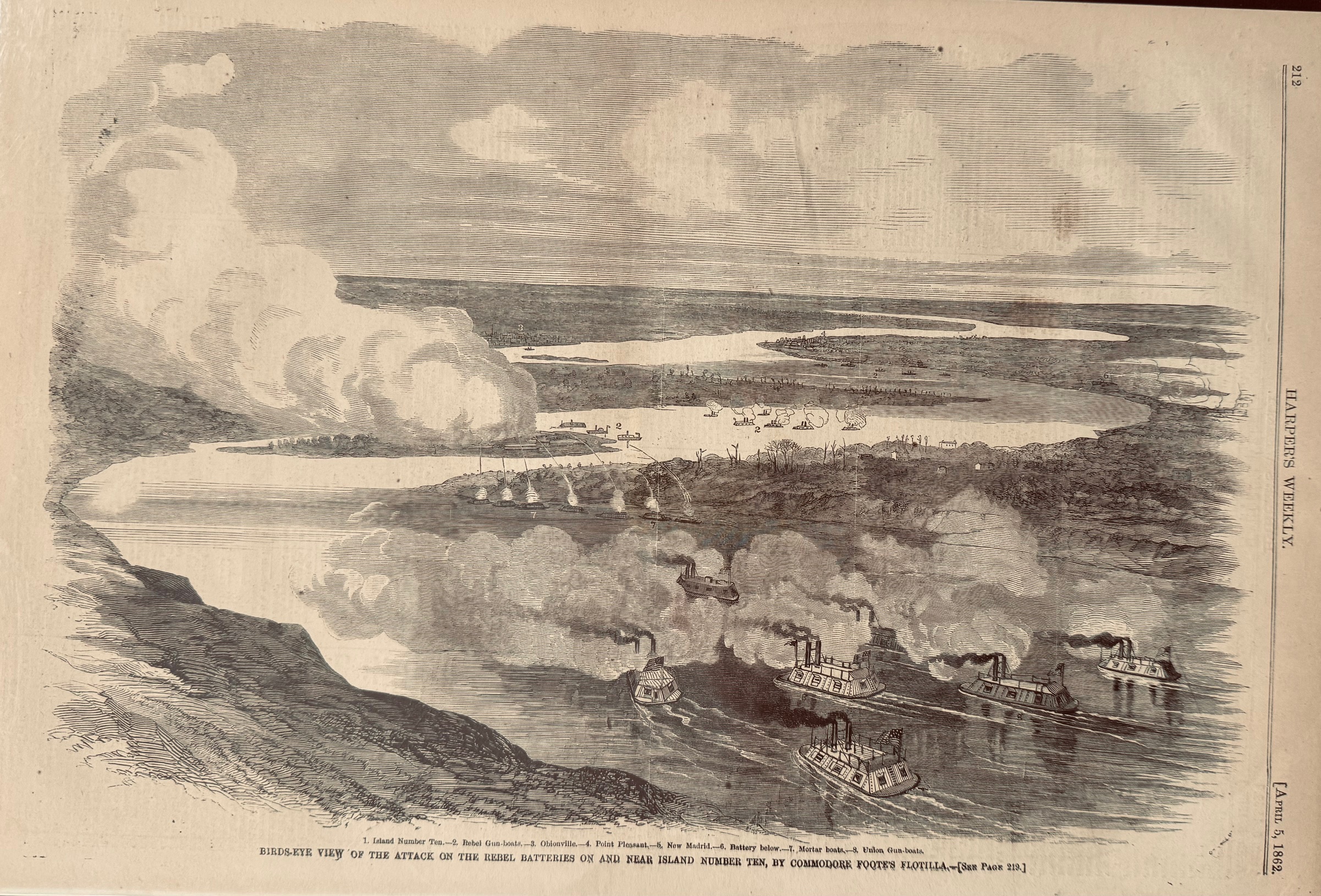 Birds-Eye View of the Attack on the Rebel Batteries on the Near Island Number Ten, by Commodore Foote's Flotilla