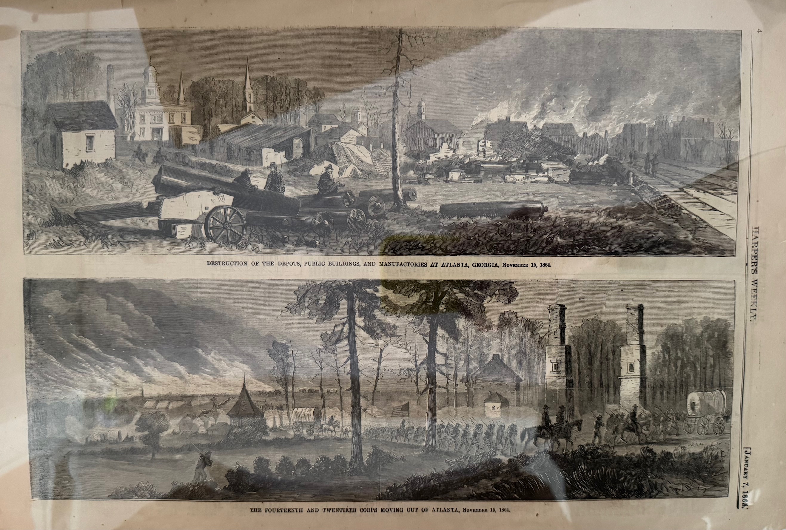 Destruction of the Depots, Public Buildings, and Manufactories at Atlanta, Georgia, November 15, 1864 / The Fourteenth and Twentieth Corps Moving out of Atlanta, November 15, 1864