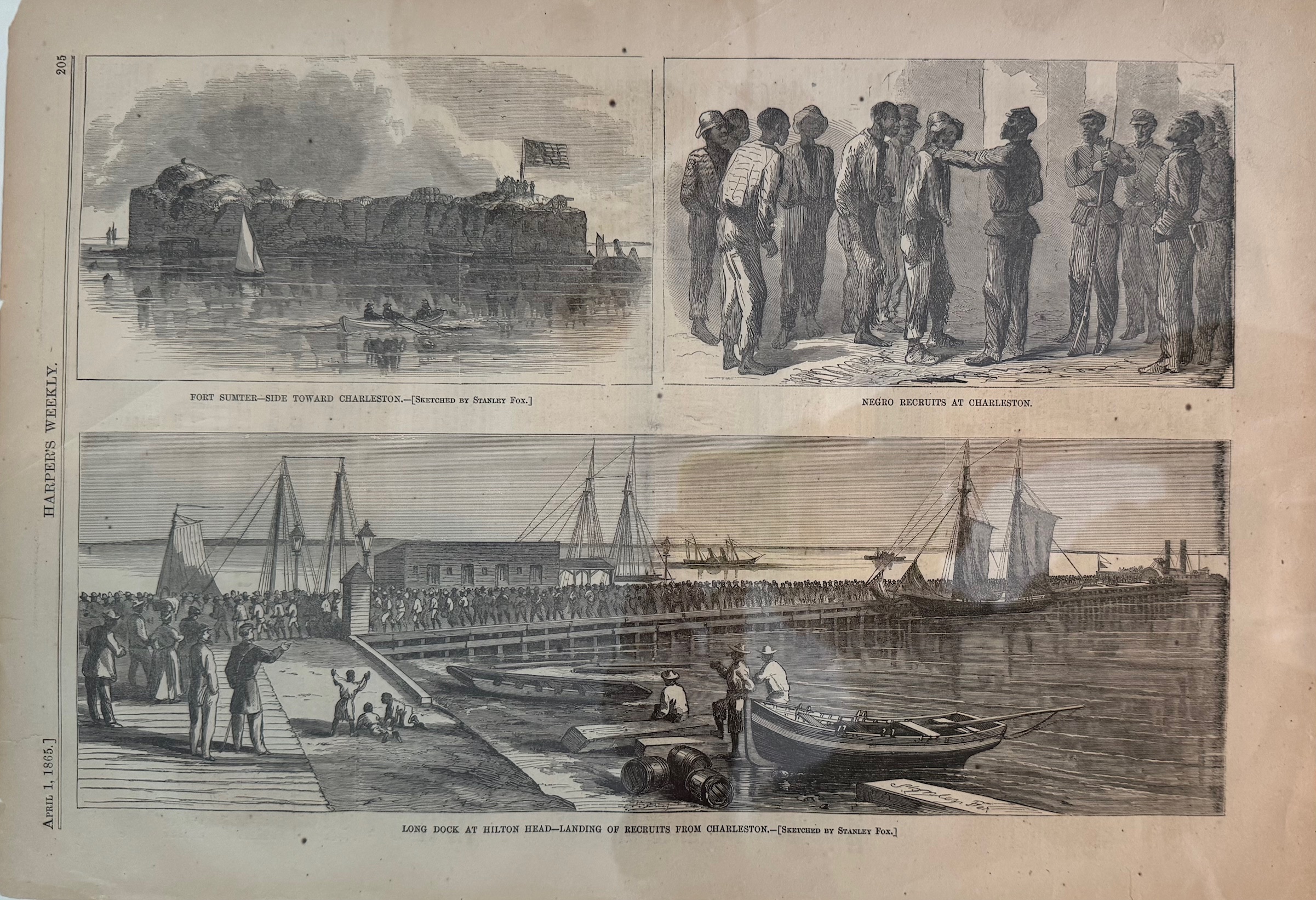 Fort Sumter - Side Toward Charleston / Negro Recruits at Charleston / Long Dock at Hilton Head - Landing of Recruits from Charleston