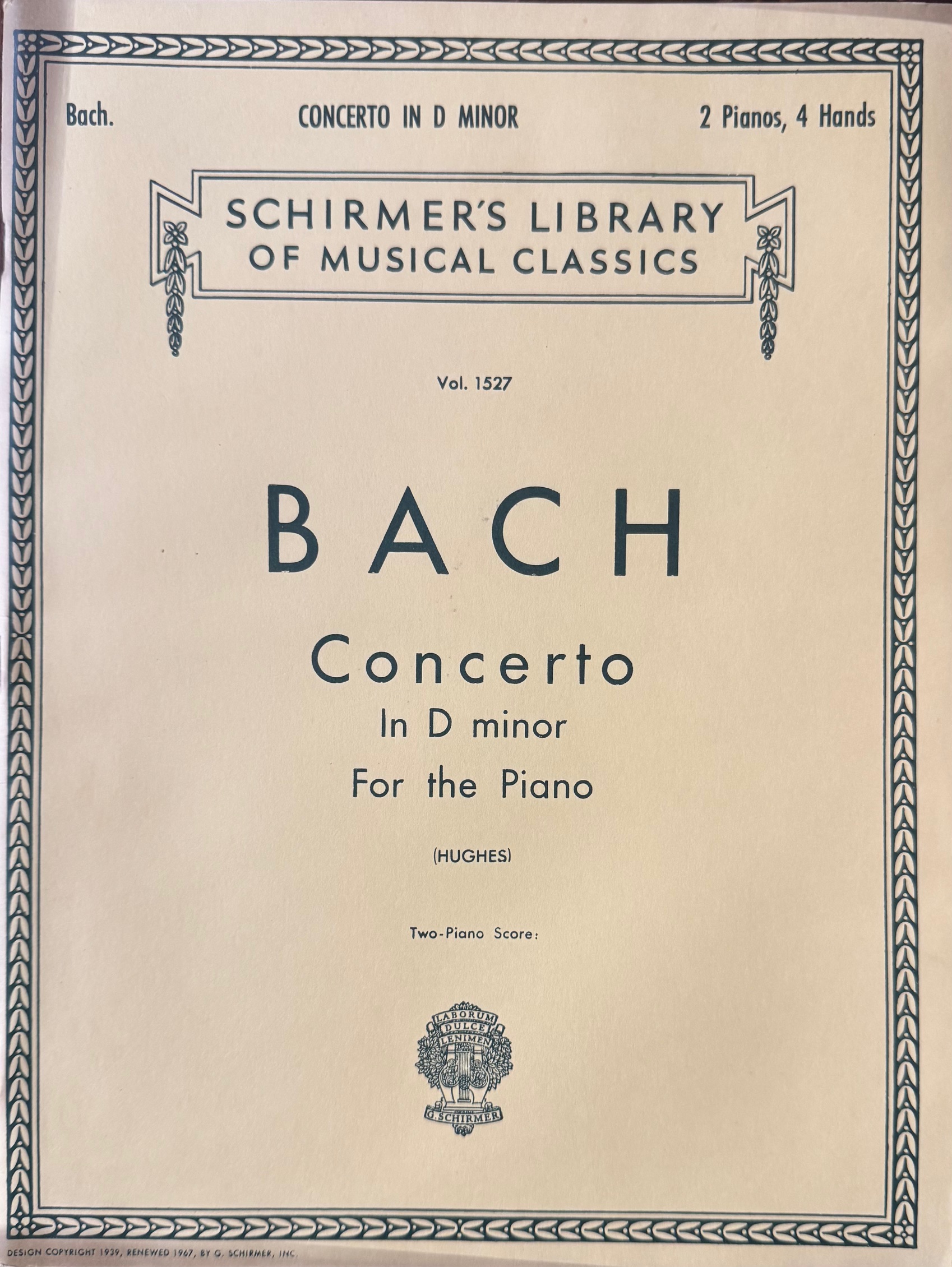 Johann Sebastian Bach Concerto In D minor For the Piano - Two Piano Score (Shirmer's Library of Musical Classics, Vol. 1527)