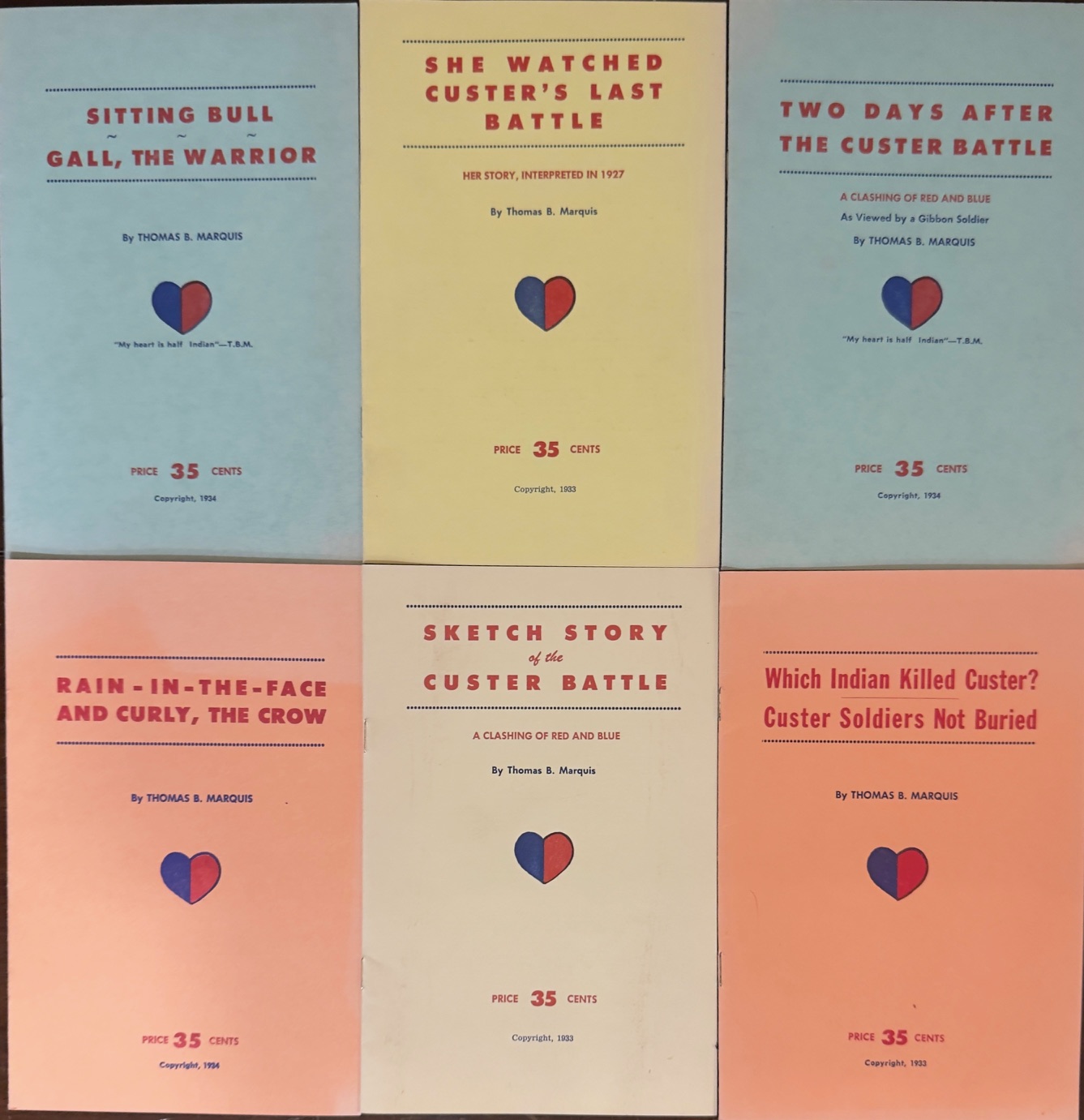 Seven (7) Custer Pamphlets: Sitting Bull and Gall, the Warrior / She Watched Custer's Last Battle / Two Days after the Custer Battle / Rain-in-the-Face and Curly, the Crow / Sketch Story of the Custer Battle and Which Indian Killed Custer / Custer Soldiers Not Buried - Bonus: Enrichment Trail